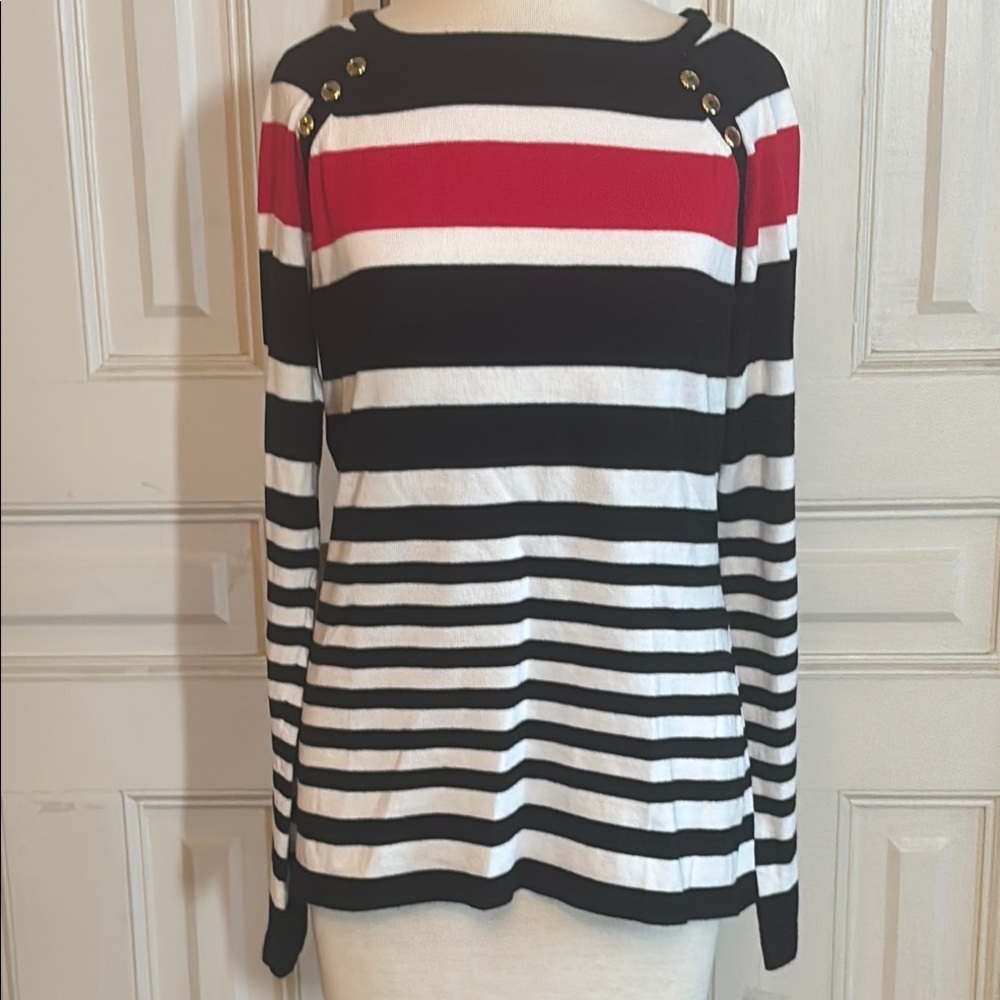 Karen ScottStriped Black and White Top with Red Accent